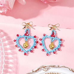 Светло-Голубой Стеклянные бусины висят серьги, с латунными серьгами, бантом с сердцем, золотые, Небесно-голубой, 41x29 мм