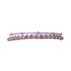 Amethyst 3Pcs 3 Style Natural Amethyst & Glass Seed Beaded Stretch Bracelets Set for Women, Inner Diameter: 1-7/8~2 inch(4.8~5cm), 1Pc/style
