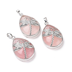 Розовый Кварц Природного розового кварца подвески, с латунной фурнитурой платинового цвета, без свинца и без кадмия, слезинка с подвесками в виде стрекоз, 40~40.5x26~26.5x9~9.5 мм, отверстие : 5x7 мм