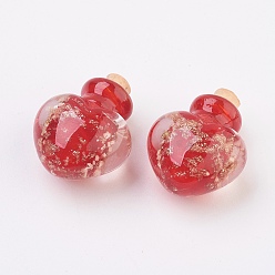 Красный Подвески для бутылок с духовыми шкафами ручной работы, бутылка эфирного масла, с золотым песком, сердце, красные, 25~26.5 мм, отверстие: 5 мм, емкость бутылки: 0.5~1 мл (0.017~0.03 жидких унций)