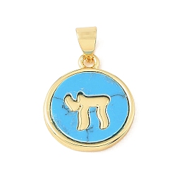 Real 18K Gold Plated Dyed Synthetic Turquoise Pendants, Brass Flat Round with Chai Symbol Bezeled Charms, Rack Plating, Long-Lasting Plated, Lead Free & Cadmium Free, Real 18K Gold Plated, 18x15x2mm, Hole: 4x3mm