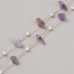 Аметист Цепочки из натурального аметиста и АБС-пластика, украшенные бусинами из искусственного жемчуга, с латунной фурнитурой , пайки, с катушкой, золотой свет, 3 мм, 5~15x5~5.5x2~6 мм