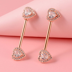 Сердце Кольца для сосков из латуни с прозрачным кубическим цирконием, с 304 штифтов из нержавеющей стали, золотой свет, сердце, 15x7.2 мм