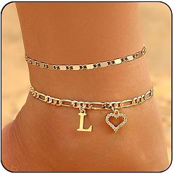 Letter L Двухслойные браслеты для щиколотки с латунными кристаллами и стразами в форме сердца, золотые, Письмо L, 7-7/8 дюйм (200 мм), 2 шт / комплект