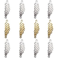 Golden & Stainless Steel Color 201 Stainless Steel Links, Feather, Golden & Stainless Steel Color, 6.5x22x1mm, Hole: 1.2mm, 2colors, 10pcs/color, 20pcs/box