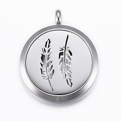 Mixed Color 316 Surgical Stainless Steel Diffuser Locket Pendants, with Perfume Pad and Magnetic Clasps, Flat Round with Feather, Stainless Steel Color, Mixed Color, 37x30x6.5mm, Hole: 5mm, inner diameter: 23mm