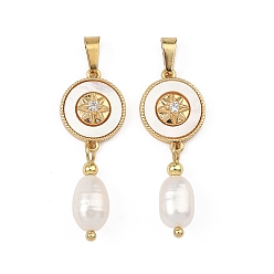 Golden Natural Cultured Freshwater Pearl Rice Tassel Pendants, Brass Micro Pave Clear Cubic Zirconia and Natural Shell Flat Round Charms, White, Golden, 38x12.5x7.5mm, Hole: 6x2.5mm