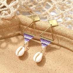 Lilac Seed Glass Woven Dangle Earrings for Women, Rhombus, with Natural Cowrie Shell, 304 Stainless Steel Stud Earrings, Real 18K Gold Plated, Lilac, 63.5x18.5mm