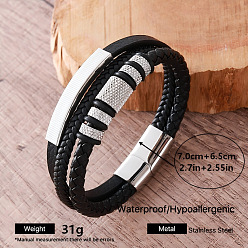 Stainless Steel Color Vintage 304 Stainless Steel Braided PU Leather 3-Strand Bracelets with Magnetic Clasps for Men, Black, Stainless Steel Color, Inner Diameter: 2.76 inch(7cm)