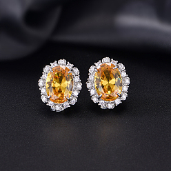 Naranja Pendientes ovalados de latón con micro circonitas cúbicas para mujer., Platino, naranja, 20x16 mm