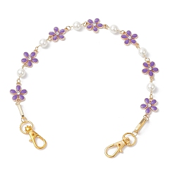 Blue Violet Flower Zinc Alloy Enamel Crystal Rhinestone with Glass Pearl Bead Link Chain Bag Decorative Chains, with Alloy Swivel Clasps, Bag Replacement Accessories, Golden, Blue Violet, 351mm