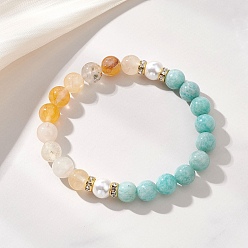 Амазонит Браслеты из натуральных бусин амазонита и желтого гематоидного кварца для женщин, круглые, с бусинами из ракушек и латунных стразов, золотые, бусины : 8~8.5 мм, внутренний диаметр: 2.01 дюйм (5.1 см)