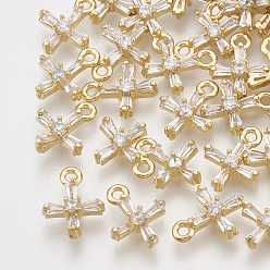 Настоящее золото 18K Латунь фианиты крошечные крестики, без кадмия, без никеля и без свинца, прозрачные, реальный 18 k позолоченный, 9.5x7.5x2.5 мм, отверстие : 1 мм