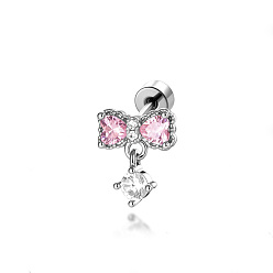 Pink Серьги для хряща уха из титанового сплава с инкрустацией кубическим цирконием, бантом, платина, розовые, 9.8x8.3 мм