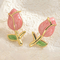 Pink 201 Stainless Steel Enamel Stud Earrings for Women, Tulip Flower, Golden, Pink, 21x11mm
