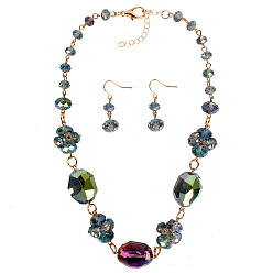 Темный Морско-зеленый Комплекты из цепочек-цепочек и сережек-подвесок из сплава стекла в форме овала и цветка, золотые, темно-зеленый, 430 мм