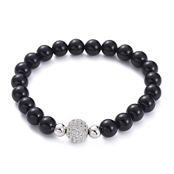 Platinum Stretch Bracelets, with Natural Black Agate(Dyed) Beads, Brass Cubic Zirconia Beads, Brass Spacer Beads and Elastic Crystal Thread, Platinum, 2-1/4 inch(5.58cm)