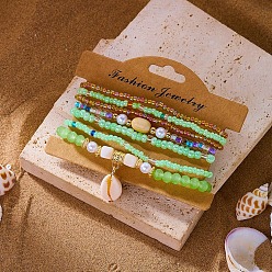 Бледно-Зеленый Богемные браслеты из смолы, сплавов, стекла, ракушек и пластиковых жемчужин, выполненные из эластичных материалов., Браслеты с подвесками в форме ракушек для женщин, с бумажной карточкой, бледно-зеленый, внутренний диаметр: 2.01~2.09 дюйм (5.1~5.3 см), о 7 шт / комплект