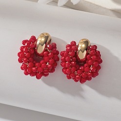 (123L) Белый крем непрозрачный блеск Серьги-гвоздики с железными и стеклянными бусинами, с медной проволокой, золотые, огнеупорный кирпич, 25x20 мм