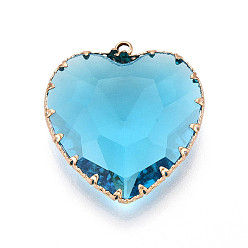 Небесно-голубой Прозрачные стеклянные подвески, сердце, с латунной кромкой, граненые, голубой, 30~32x28~28.5x8.5~9.5 мм, отверстие : 2.2~2.4 мм