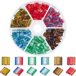 Mixed Color 240Pcs 6 Colors 2-Hole Glass Seed Beads, Transparent Spray Painted, Two Tone, Rectangle, Mixed Color, 5x4.5~5.5x2~2.5mm, Hole: 0.5~0.8mm, 40pcs/color
