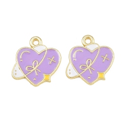 Lilas Pendentifs en émail , charmes de coeur, or, lilas, 16.5x15x1mm, Trou: 1.6mm