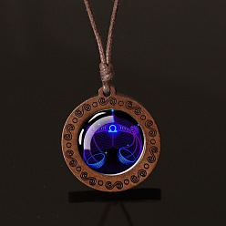 Весы Плоский круглый с двенадцатью созвездиями подвеска из синего стекла и дерева ожерелье из вощеной кожи шнур для женщин и мужчин, Весы, 16.93~33.86 дюйм (43~86 см)