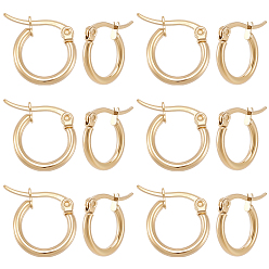 Chapado en Oro Real 18K 12 pares 304 pendientes de aro de acero inoxidable, pendientes hipoalergénicos, Forma de anillo, real 18 k chapado en oro, 15x2 mm, 12 calibre, pin: 1x0.7 mm