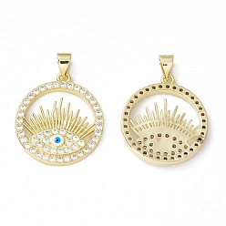 Real 18K Gold Plated Rack Plating Brass Micro Pave Clear Cubic Zirconia Charms, with Enamel, Long-Lasting Plated, Cadmium Free & Lead Free, Flat Round with Evil Eye, Real 18K Gold Plated, 24x21x3.5mm, Hole: 4x3mm