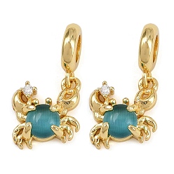 Золотой Европейские подвески-шармы с подвесками из латуни, прозрачными кубическими цирконами и глубоким небесно-голубым кошачьим глазом, подвески с большим отверстием в виде краба долговечные с покрытием, без кадмия и без свинца, стойки покрытие, золотые, 20.5 мм, отверстие : 4 мм