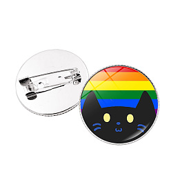 Разноцветный Цвет радуги флаг гордости стеклянный кот с полосатой булавкой на лацкане, плоский круглый значок из платинового сплава для рюкзака, красочный, 25 мм
