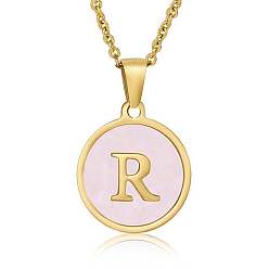 Letter R Natural Shell Initial Letter Pendant Necklace, with Golden Stainless Steel Cable Chains, Letter R, 17.72 inch(45cm)