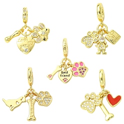 Золотой 5шт 5 стили латунь микро паве прозрачный кубический цирконий европейские подвески-подвески, Подвески с большими отверстиями в виде собак, украшенные эмалью., разнообразные, разноцветные, золотые, 25~30.5 мм, 1 шт / стиль