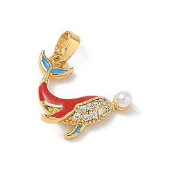 Whale Messing Emaille-Anhänger, mit Kunststoffperlen und Strasssteinen, golden, Wal-Anhänger, 16.5x16.5x5 mm, Bohrung: 5.5x2.5 mm