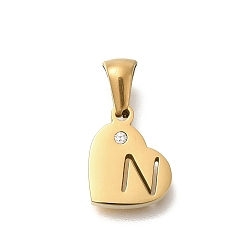 Letter N 304 подвески в форме сердца из нержавеющей стали со стразами, золотые, Письмо N, 11x13x2.5 мм, отверстие : 5x3 мм