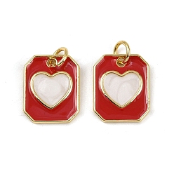 Красный Латунь эмаль прелести, прямоугольник с подвеской в виде сердца, с целью перехода в кольце, долговечный, без кадмия и без свинца, стойки покрытие, реальный 18 k позолоченный, красные, 14.5x12x1.5 мм, отверстие : 3.2 мм