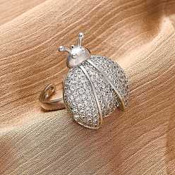 Платина Латунные микропаве кубические цирконии регулируемые открытые манжеты кольца для женщин, без кадмия и без свинца, насекомое, платина, внутренний диаметр: регулируемый, лоток : 23.5x19 мм