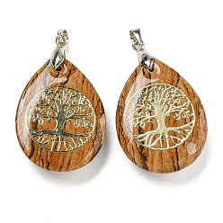 Пейзажный Джаспер Подвески в форме слезы из яшмы с натуральным изображением, Подвески золотого древа жизни со стойкой, платинового цвета, латунные застежки на дужках, без кадмия и без свинца, 37x23x7 мм, отверстие : 5x4 мм