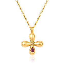 Golden Religion 304 Stainless Steel Pave Deep Pink Cubic Zirconia Pendant Necklaces for Women, Golden, 15.75 inch(40cm), Pendant: 20mm