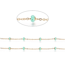 Бирюза Ионное покрытие (IP) спутниковые цепи из нержавеющей стали, с эмалевыми бусинами и катушкой, пайки, долговечный, плоско-круглые, золотые, бирюзовые, 1.5x1.2x0.3 мм, около 32.8 футов (10 м) / рулон