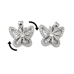 Платина Вращающиеся подвески из латуни с микропаве и прозрачными кубическими циркониями., долговечный, бабочки прелести, платина, 12x14x6.5 мм, отверстие : 4x2 мм