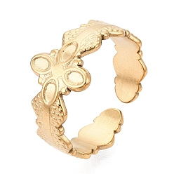 Real 18K Gold Plated 304 Stainless Steel Open Cuff Rings for Women, Flower, Ion Plating(IP), Mirror Polished Finish, Real 18K Gold Plated, 10.5mm, US Size 7 1/4(17.5mm)