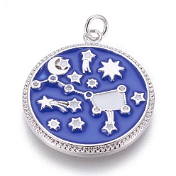 Платина Латуни циркония кубической подвески, с эмалью, плоский круглый с ковшом, синие, платина, 27.5x24x2 мм, отверстие : 3 мм