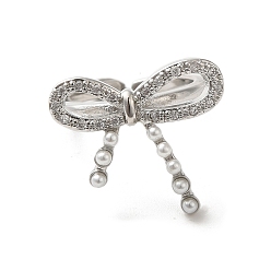 Платина Открытые манжеты из латуни с микропаве и цирконием для женщин, без кадмия и без свинца, с абс пластмассовыми жемчужными бисером, бантом, платина, размер США 5 1/2 (16.1 мм)