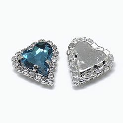 Capri Blue Sew on Rhinestone, Multi-strand Links, Glass Rhinestone, with Platinum Tone Brass Prong Settings, Garments Accessories, Heart, Capri Blue, 18x17x6mm, Hole: 0.8mm