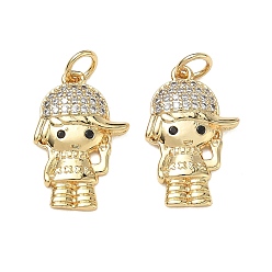 Real 18K Gold Plated Brass Micro Pave Black Cubic Zirconia Pendants, Girl Charms, Rack Plating, Cadmium Free & Lead Free, Real 18K Gold Plated, 20x13x3.5mm, Hole: 3.5mm