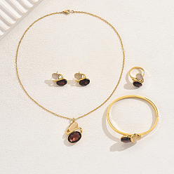 Золотой Овальные 201 браслеты, серьги, ожерелья и кольца из нержавеющей стали со стразами для женщин, золотые