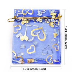 Mixed Color Heart Printed Organza Bags, Gift Bags, Rectangle, Mixed Color, 12x10cm