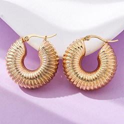 Настоящее золото 24K Массивные винтажные серьги-кольца с канавками и ионным покрытием (IP) для женщин, 304 серьги нержавеющей стали, круглые, реальный 24 k позолоченный, 32x30x11 мм, штифты : 0.8 мм