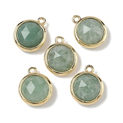 Зеленый Авантюрин Плоские круглые подвески из натурального зеленого авантюрина, с латунными накладками на стойку, долговечный, золотые, 14.5x12x5.5 мм, отверстие : 1.4 мм